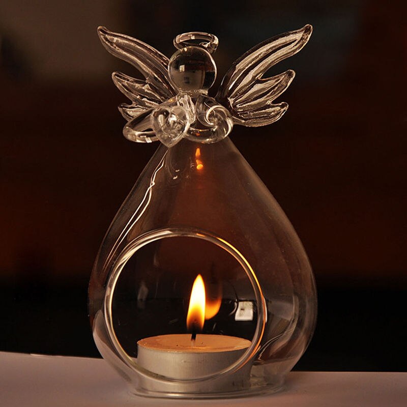 Skleněný držák na svíčky s andělem
