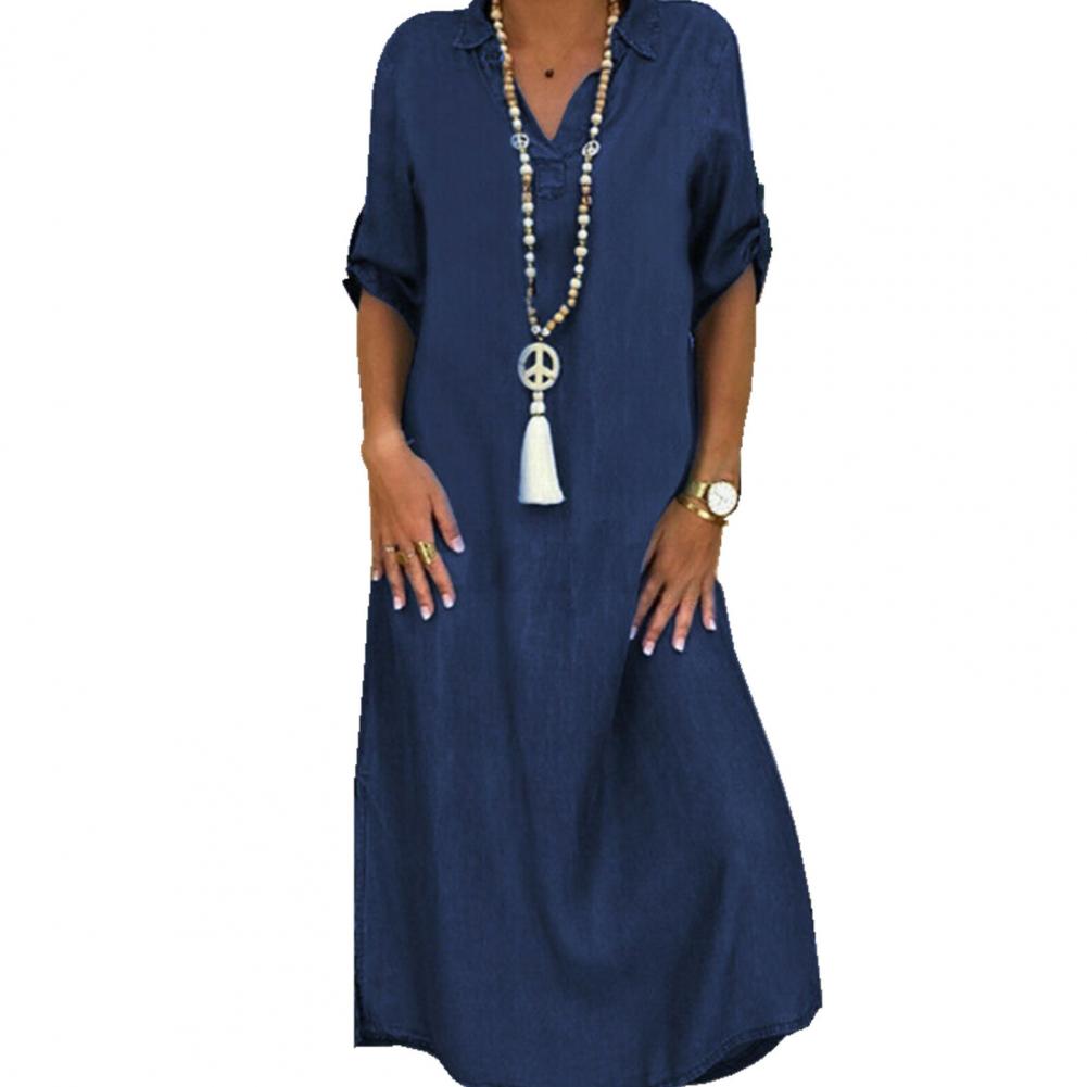 Šaty Dámské Imitace Džínové Šaty Ležérní Dámské Split Volné Krátký Rukáv Dlouhé Šaty 2021 Nové Dámské Oblečení #YL5