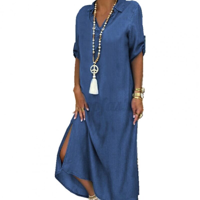 Šaty Dámské Imitace Džínové Šaty Ležérní Dámské Split Volné Krátký Rukáv Dlouhé Šaty 2021 Nové Dámské Oblečení #YL5 ŽENY