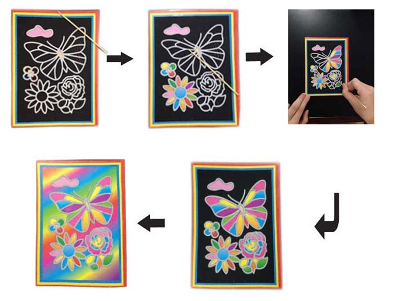 10 pcs 13x 9.8cm Scratch Art Paper Magic Painting Paper with Drawing Stick For Kids Toy Colorful Drawing Toys MIX 8
