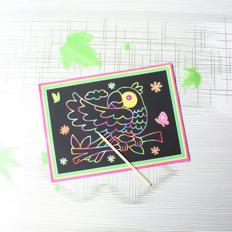 10 pcs 13x 9.8cm Scratch Art Paper Magic Painting Paper with Drawing Stick For Kids Toy Colorful Drawing Toys MIX 4