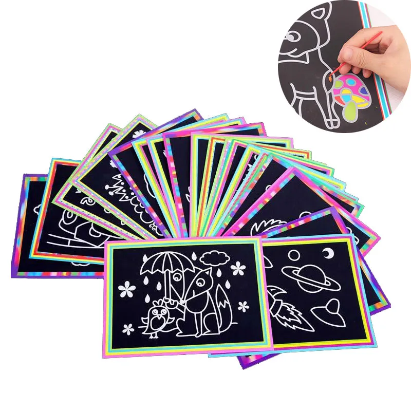 10 pcs 13x 9.8cm Scratch Art Paper Magic Painting Paper with Drawing Stick For Kids Toy Colorful Drawing Toys MIX 3