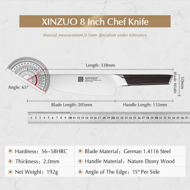 XINZUO 8″ Chef Knife DIN 1.4116 Stainless Steel Germany Kitchen Knives Cutting Peeler Vegetable Knife  Ebony Handle Gift Case MIX 2