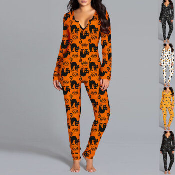 Halloween Printed Jumpsuit Long Sleeve Home Pajamas Casual Trousers Women’s Cos Clothing Overlay