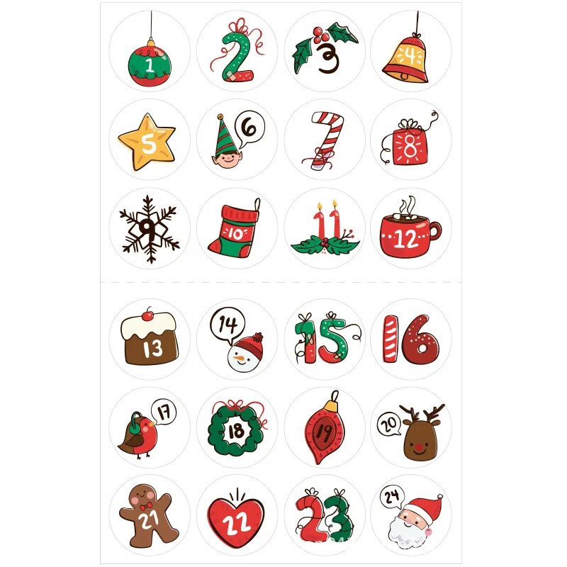 24PC Happy Christmas Day Gift Stickers Advent Calendar Number Paper Stickers Multi-Function Gift Packaging Adhesive Labels Decor MIX 21