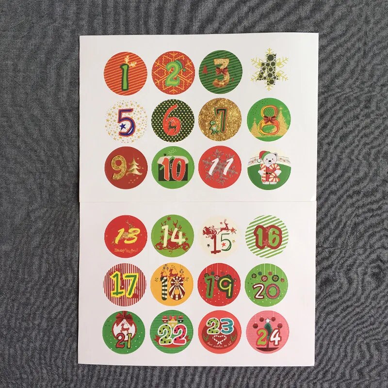 24PC Happy Christmas Day Gift Stickers Advent Calendar Number Paper Stickers Multi-Function Gift Packaging Adhesive Labels Decor MIX 29