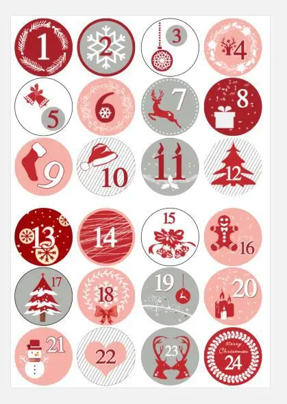24PC Happy Christmas Day Gift Stickers Advent Calendar Number Paper Stickers Multi-Function Gift Packaging Adhesive Labels Decor MIX 33