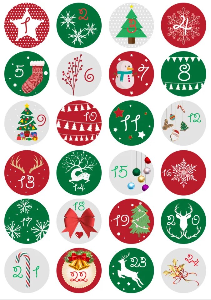 24PC Happy Christmas Day Gift Stickers Advent Calendar Number Paper Stickers Multi-Function Gift Packaging Adhesive Labels Decor MIX 31
