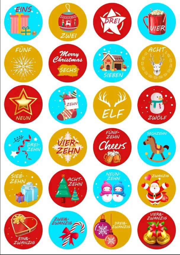24PC Happy Christmas Day Gift Stickers Advent Calendar Number Paper Stickers Multi-Function Gift Packaging Adhesive Labels Decor MIX 30