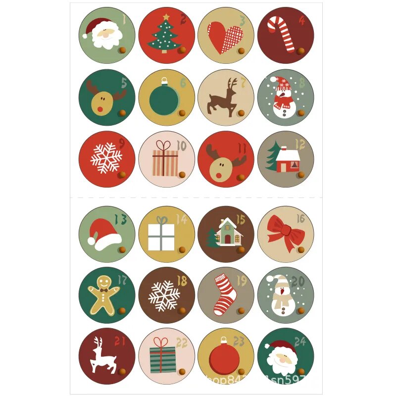 24PC Happy Christmas Day Gift Stickers Advent Calendar Number Paper Stickers Multi-Function Gift Packaging Adhesive Labels Decor MIX 24