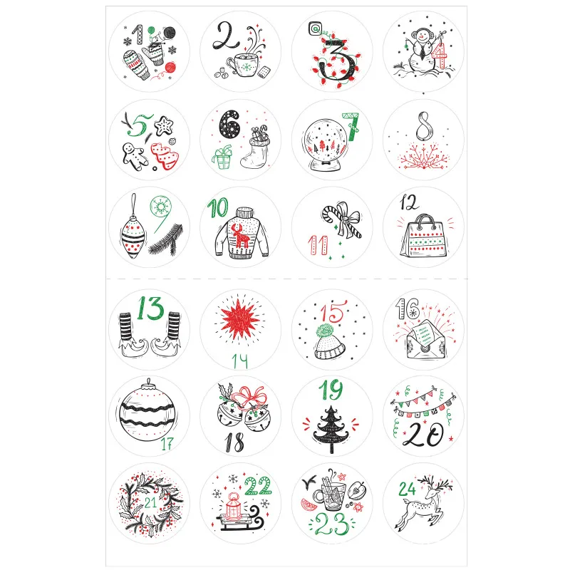24Pcs/Set Merry Christmas Advent Calendar Number Paper Sticker Cookie Candy Seal Stickers DIY Gift Packaging Labels Xmas Decor MIX 13